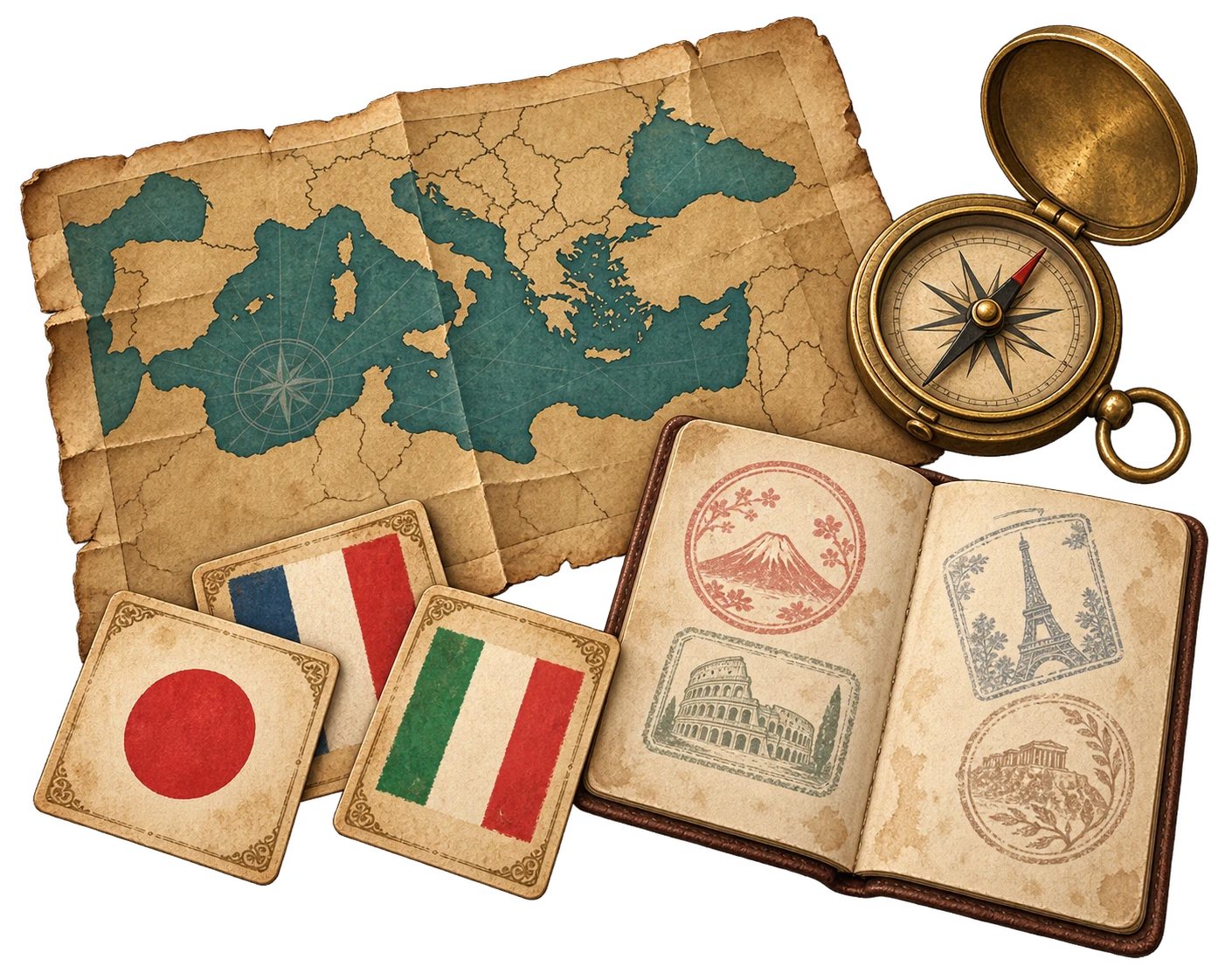 An explorer’s collection: a folded Mediterranean map, brass compass, painted flag cards and a passport filled with travel stamps.
